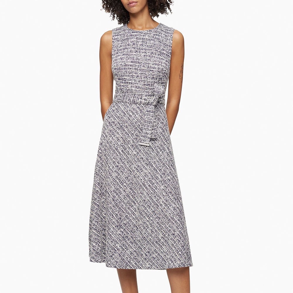 Calvin Klein tweed A-line belted midi dress size 2